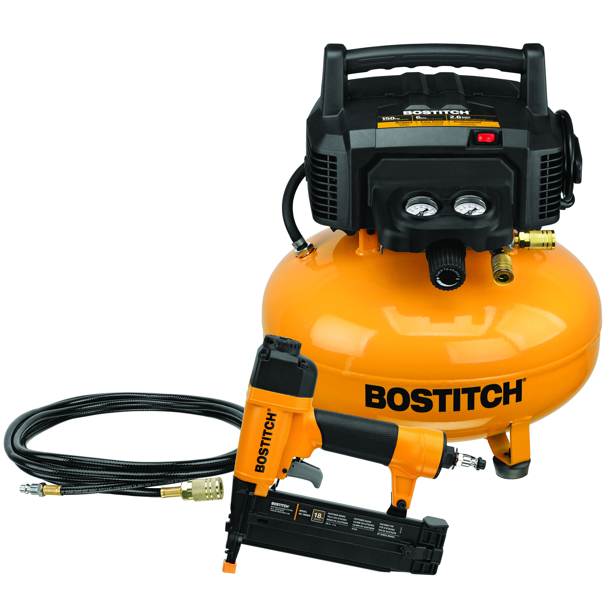 Bostitch 6 Gallon 150 PSI Pancake Air Compressor (BXCM02012) with 15-Foot Hose and 18-Gauge Nailer (SB-1850BN), Model# BXCM1KIT